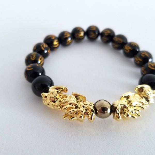 REAL Obsidian w/ MANTRA + 18K Gold Plated Double Pi Yao Pi Xiu Authentic Feng Shui Wealth Bracelet | Obsidian wealth bracelet | 2024