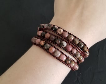 WHOLESALE 2 PCS Natural Agate Stone Leather Cord Bracelet | 3-layer wrap Boho Bohemian Indie Bracelet | Healing Gemstone