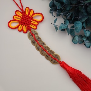 Feng Shui Six 6 coins YELLOW & RED Mystic Knot Tassel | Feng Shui Wealth Money Amulet Lucky Wealth Charm | Feng Shui Decor Period 9