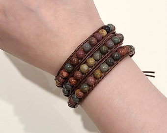 WHOLESALE 2 PCS Natural Agate Stone Leather Cord Bracelet | 3-layer wrap Boho Bohemian Indie Bracelet | Healing Gemstone