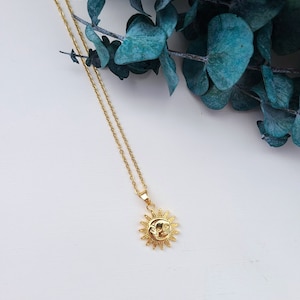 18k Gold Sun Moon Pendant Necklace | Minimalist Gold Jewelry | Layering Boho sunmoon necklace | Gift for her | Sun Pendant Sun necklace moon