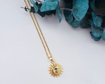 18k Gold Sun Moon Pendant Necklace | Minimalist Gold Jewelry | Layering Boho sunmoon necklace | Gift for her | Sun Pendant Sun necklace moon