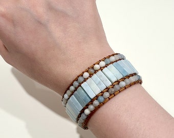WHOLESALE 2 PCS Natural Blue Aqua Stone Cord Bracelet | One layer wrap Boho Bohemian Indie Bracelet | Healing Gemstone