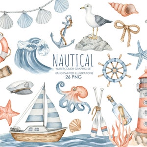 Watercolor nautical clipart. Ocean waves clipart. Lighthouse, ship and octopus illustrations.