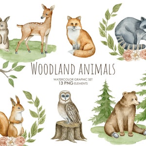 Watercolor woodland animals clipart. Forest clipart. Nursery wall art.