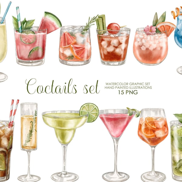 Watercolor cocktails clipart. Summer drinks clipart. Coctail PNG