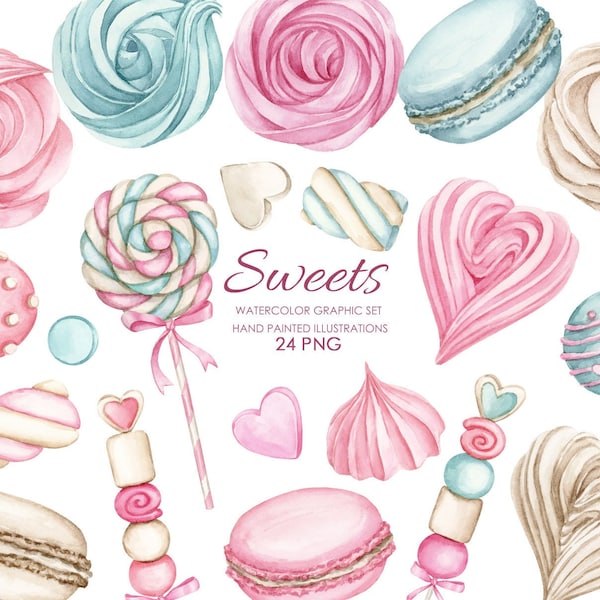 Watercolor sweets clipart. Marshmellow clipart. Desserts digital clipart.