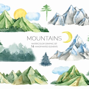 Watercolor Mountain Clipart-Snow Mountain-Forest-Hills hand painted-Mountain graphics-Mountain clip art-Pine trees-Clouds Sun Moon image 1
