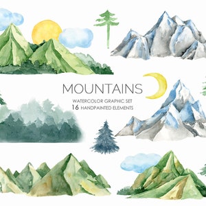 Aquarel Mountain Clipart-Snow Mountain-Forest-Hills handgeschilderd-Mountain graphics-Mountain clip art-Pine trees-Clouds Sun Moon