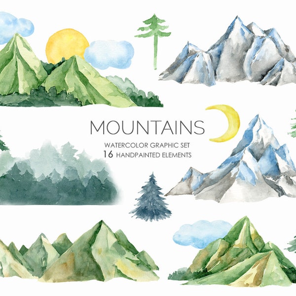Aquarelle Montagne Clipart-Neige Montagne-Forêt-Collines peintes à la main-Graphismes montagne-Clip art montagne-Pins-Nuages Soleil Lune
