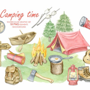 Imágenes prediseñadas de acampada en acuarela. Caminata por el bosque con una tienda de campaña. Ilustraciones pintadas a mano de Wanderlust
