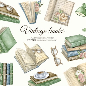 Watercolor vintage books clipart. Reading Clipart. Books with flowers illustrations. Old Style Literature.