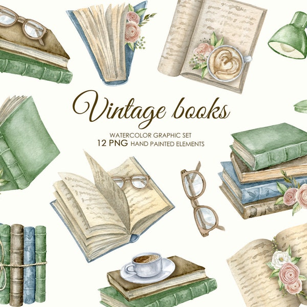 Watercolor vintage books clipart. Reading Clipart. Books with flowers illustrations. Old Style Literature.