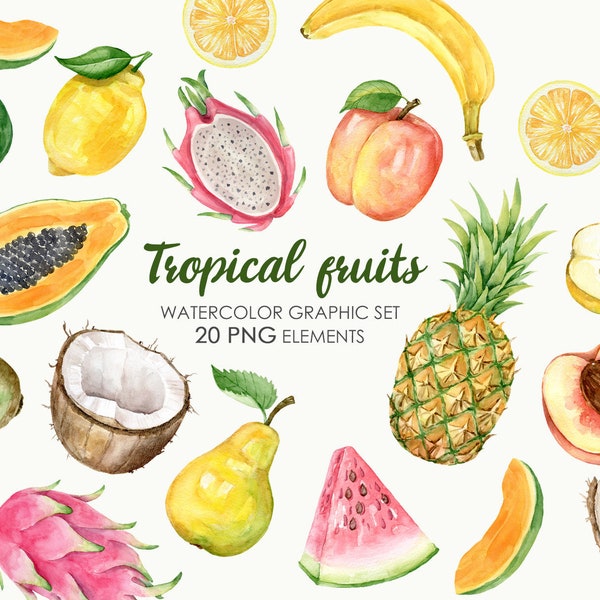 Watercolor Tropical Fruits Clipart. Fruit PNG Elements Download. Coconut Pineapple Peach Papaya Pear Lemon