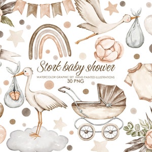Aquarell Boho Kinderzimmer Clipart. Storch Babyparty Clipart. Storch mit Baby.