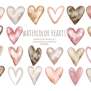 Clipart akwarelowe serca. Clipart walentynkowy. Serca boho.