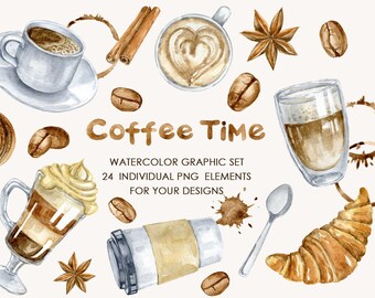 Aquarela café сlipart PNG. Xícara de café e clipart de grãos de café. Doces, pastéis e sobremesas.