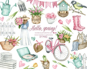 Clipart printemps aquarelle. Clipart jardin. Vélo avec clipart fleurs. Tulipes à l'aquarelle.
