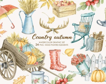 Watercolor autumn clipart. Rustic fall decor clipart. Cozy country house, harvest cart.