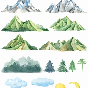 Puede incluir: Ilustraciones de acuarela de monta&ntilde;as, &aacute;rboles, nubes, un sol y una luna creciente. Las monta&ntilde;as est&aacute;n pintadas en tonos de verde, azul y gris. Los &aacute;rboles son verdes y azules. Las nubes son azules. El sol es amarillo. La luna es amarilla.