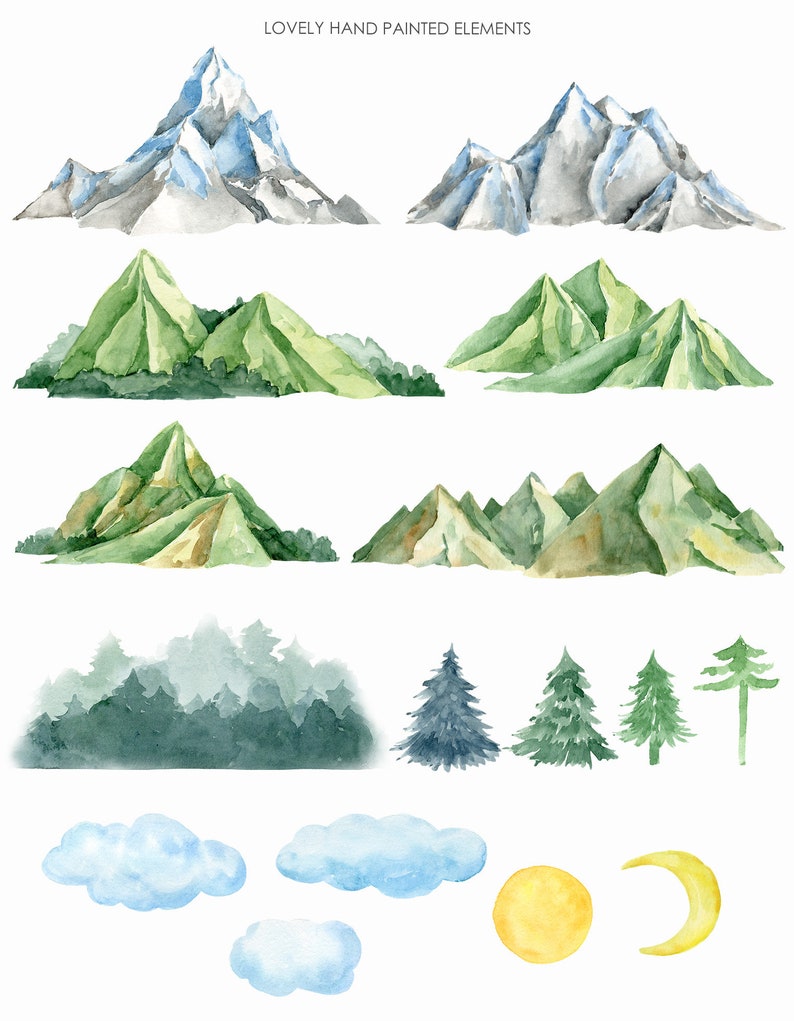 Puede incluir: Ilustraciones de acuarela de monta&ntilde;as, &aacute;rboles, nubes, un sol y una luna creciente. Las monta&ntilde;as est&aacute;n pintadas en tonos de verde, azul y gris. Los &aacute;rboles son verdes y azules. Las nubes son azules. El sol es amarillo. La luna es amarilla.