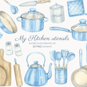 Watercolor kitchen utensils clipart. Pots and pans, kitchen spatulas, kitchenware. Cooking illustrations PNG.