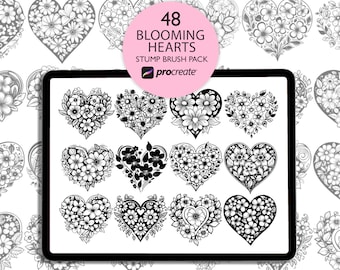 Corazones Procrean Sellos. Paquete de pinceles Blooming Hearts. Pinceles de corazón en flor. Pinceles procreados de San Valentín