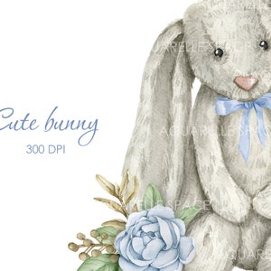 Clipart de coelho fofo em aquarela. Clipart de berçário de coelho azul. Animais de berçário
