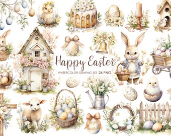 Puede incluir: Un conjunto de 26 ilustraciones de acuarela con temática de Pascua. El conjunto incluye un conejito, pollitos, huevos, flores, una casa, una cruz, un carro, un pastel, una corona y más. Las imágenes son perfectas para crear tarjetas de Pascua, invitaciones y otras manualidades.