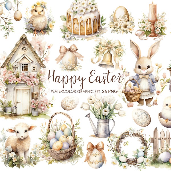 Watercolor Easter Clipart. Country Easter clipart. Easter Basket, Easter Bunny. Spring clipart.