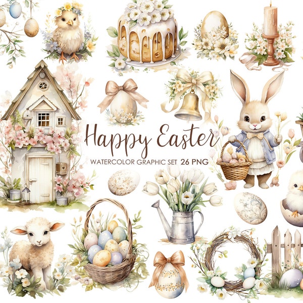 Clipart di Pasqua dell'acquerello. Clipart di Pasqua in campagna. Cesto di Pasqua, coniglietto di Pasqua. Clipart di primavera.