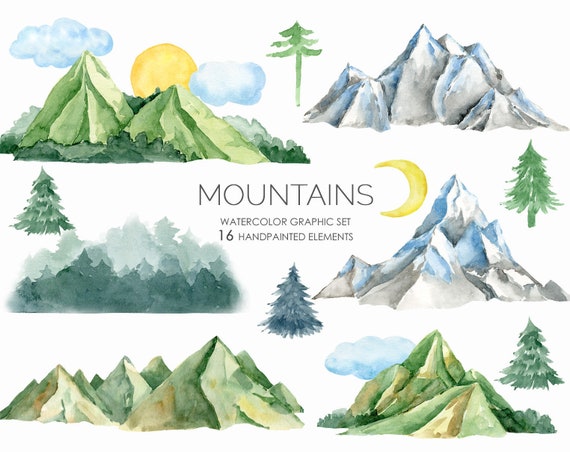 Watercolor Mountain Clipart-Snow Mountain-Forest-Hills hand painted-Mountain graphics-Mountain clip art-Pine trees-Clouds Sun Moon