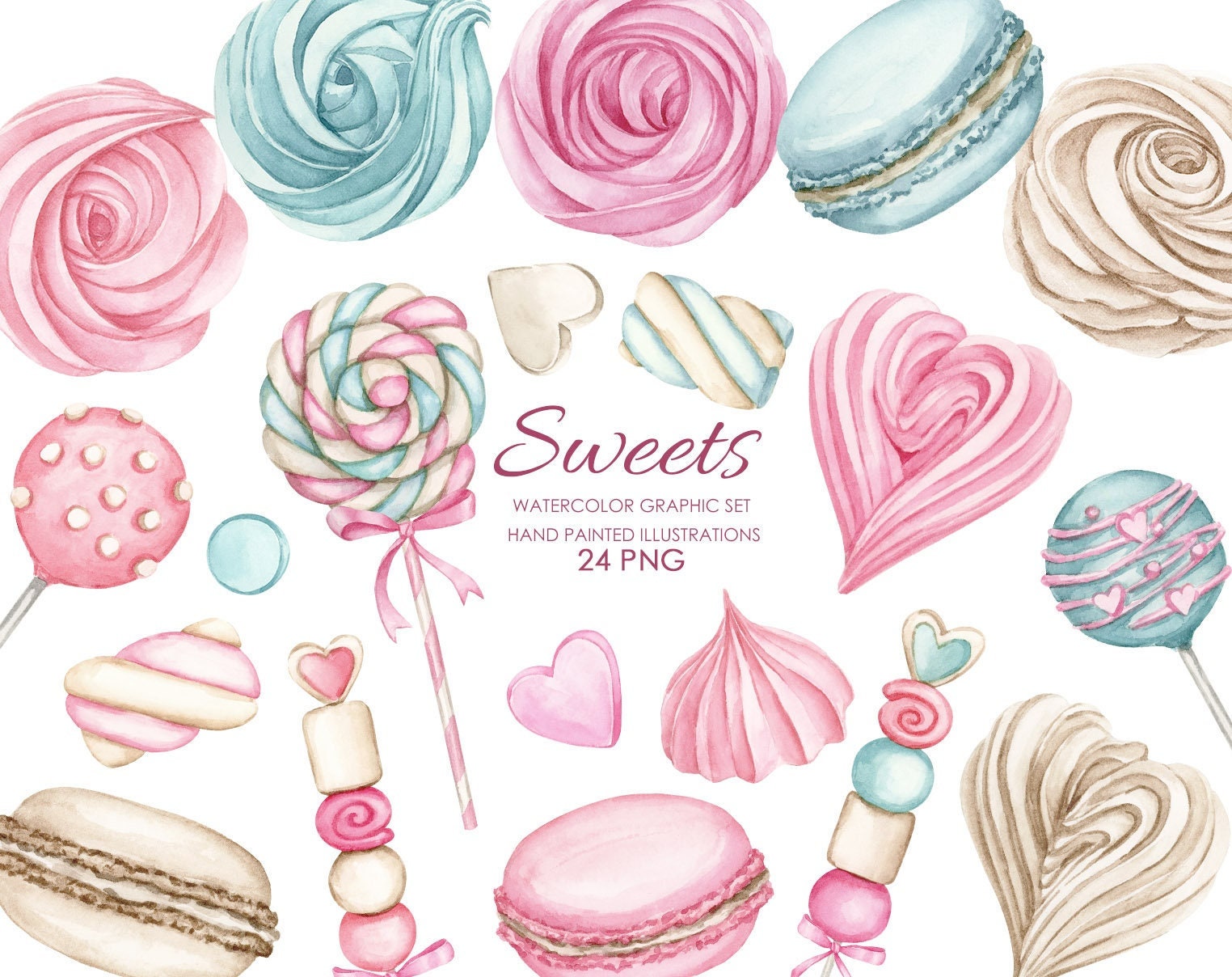 Watercolor sweets clipart. Marshmellow clipart. Desserts digital clipart.