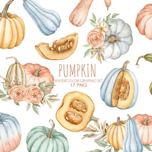 Watercolor pumpkin clipart. Autumn fall clipart. Half pumpkin illustration.