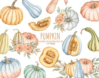 Watercolor pumpkin clipart. Autumn fall clipart. Half pumpkin illustration.