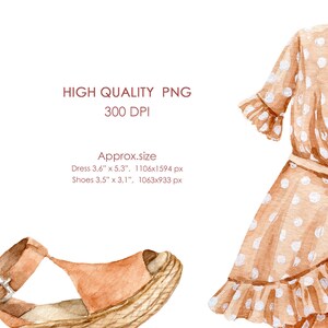 以下が含まれることがあります： 水彩画で描かれた、白のドット柄の茶色のドレスと、茶色のウェッジサンダル一足のイラスト。ドレスはフリルのある裾とリボンベルト付き。サンダルは、編み込みのプラットフォームとバックル留めです。