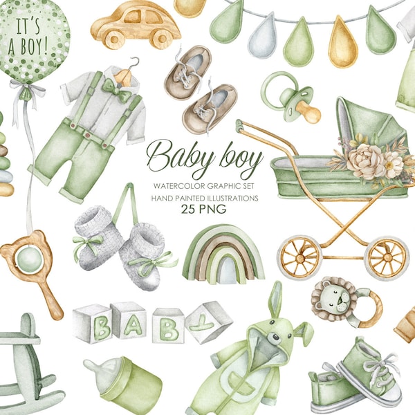 Watercolor boho nursery clipart. Baby boy PNG. Green baby shower invitation clipart.