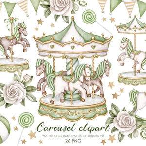 Clipart carrousel de chambre d'enfant. Cheval de manège vert. Art mural pour chambre d'enfant. Jolie baby shower PNG