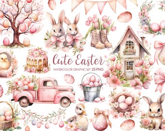 May include: A watercolor illustration set of 23 Easter themed images. The set includes bunnies, chicks, eggs, flowers, a truck, a house, a cake, a nest, and more. The images are all in a pastel pink and white color scheme.