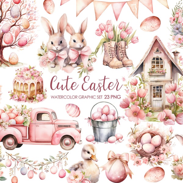 Watercolor Easter Clipart. Cute Easter clipart. Kids Easter. Easter Basket, Easter Bunny. Spring clipart.