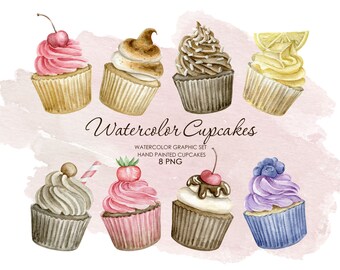 Watercolor sweet cupcakes clipart.  Birthday cupcakes set. Sweets food clipart.