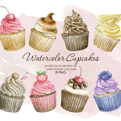 Watercolor Sweet Cupcakes Clipart. Birthday Cupcakes Set. | Etsy