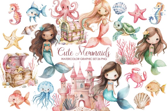 Watercolor Cute Mermaid clipart. Mermaid Under the Sea Clipart. Mermaid Clipart For Girl Birthday Party. Underwater animals PNG