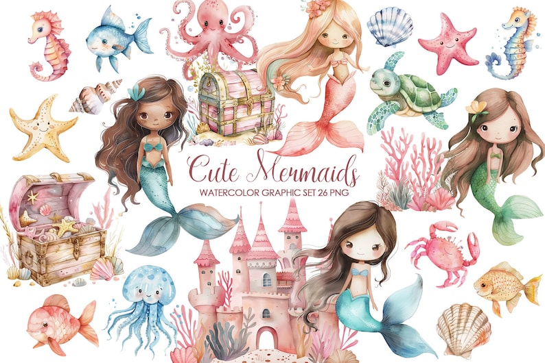 Puede incluir: Ilustraciones de acuarela de lindas sirenas, criaturas marinas y escenas submarinas. El conjunto incluye una sirena con cabello rosado, una sirena con cabello casta&ntilde;o, una sirena con cabello azul, un caballito de mar, una estrella de mar, una medusa, un cangrejo, una tortuga, un pulpo, una concha y un cofre del tesoro. Las ilustraciones son perfectas para crear invitaciones, tarjetas, p&aacute;ginas de &aacute;lbum de recortes y otros proyectos de manualidades.