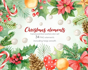 Watercolor Christmas florals clipart. Christmas decor clipart. Winter illustrations PNG.