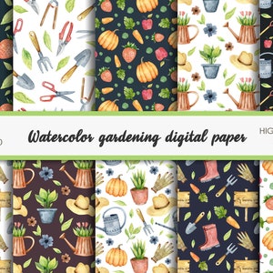 Paquete JPEG de papel digital de jardín-Patrón sin costuras de jardinería en acuarela-Acuarela pintada a mano floral-Patrones de acuarela de primavera