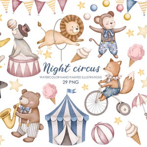 Clipart de circo aquarela. Circo noturno. Clipart de berçário. Clipart de animais de chá de bebê.