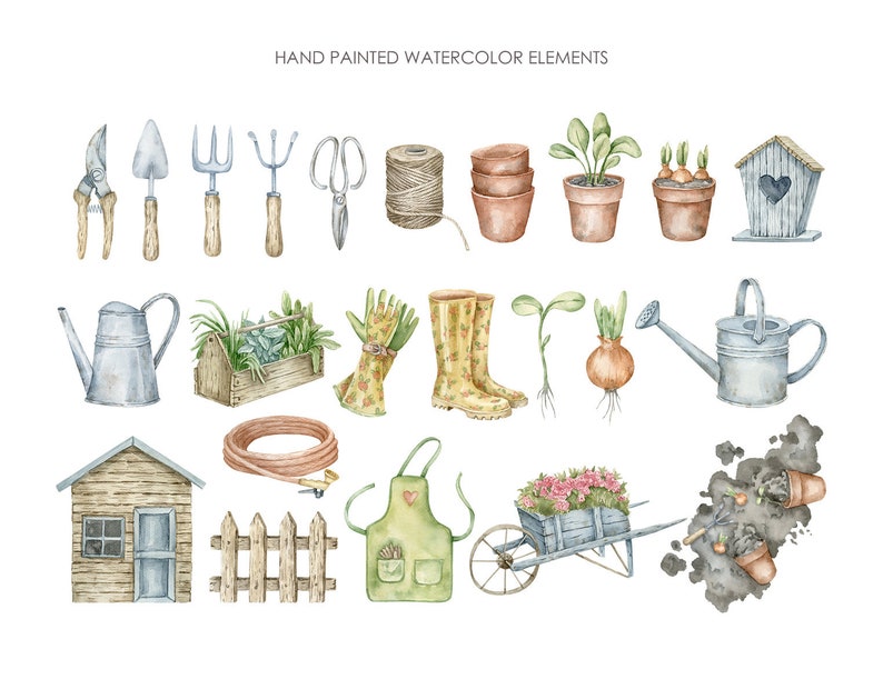 Puede incluir: Ilustraciones de acuarela de herramientas y suministros de jardiner&iacute;a, que incluyen una regadera, un rastrillo, una pala, un par de guantes de jardiner&iacute;a, una carretilla, una casa para p&aacute;jaros, una cerca y un cobertizo de jard&iacute;n.