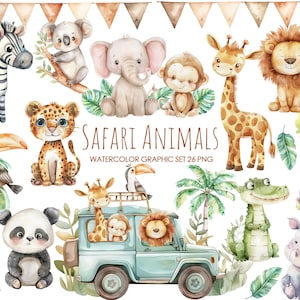 Clipart di animali safari in acquerello. Clipart della scuola materna di Safari. Baby shower safari. Animali della giungla PNG