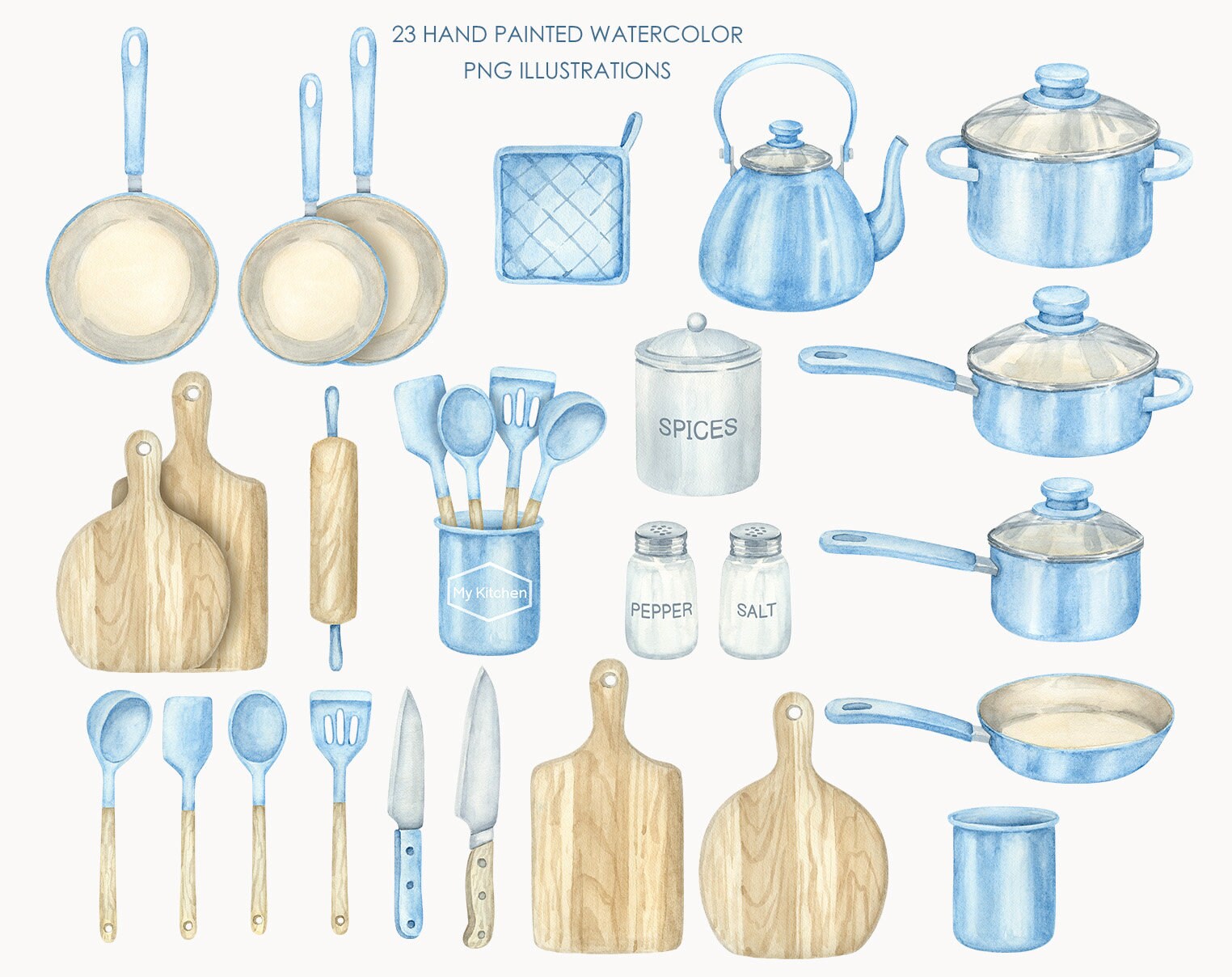 Watercolor Kitchen Utensils Clipart. Pots and Pans, Kitchen Spatulas ...